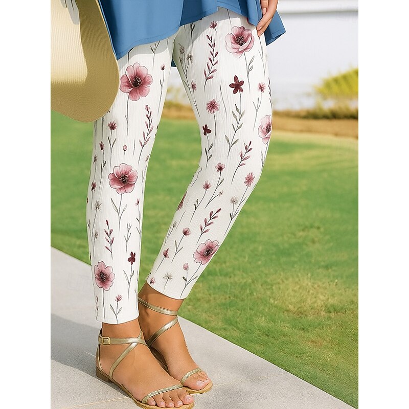 Women's Leggings Vacation Vintage Ethnic Style Ankle-Length High Waist Floral Graphic 3D Print Quick Dry Breathability Soft High Elasticity Outdoor Home Causal White Pink Red Blue Spring Fall Slim Fit3