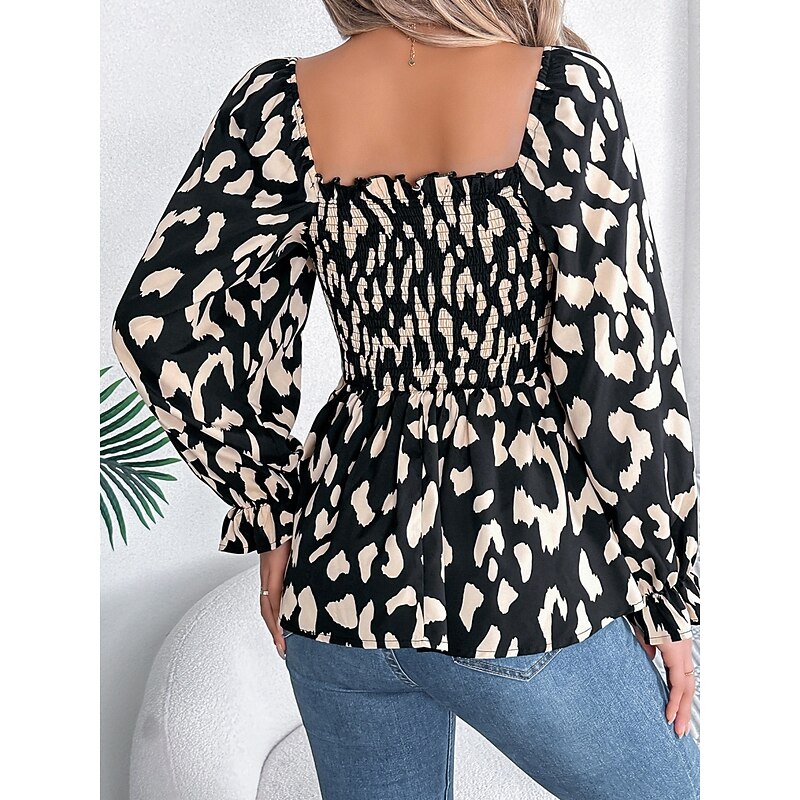 Women's Blouse Graphic Stylish Casual Long Sleeve Square Neck Regular Tops Daily Print Black White Green Summer Spring Fall3