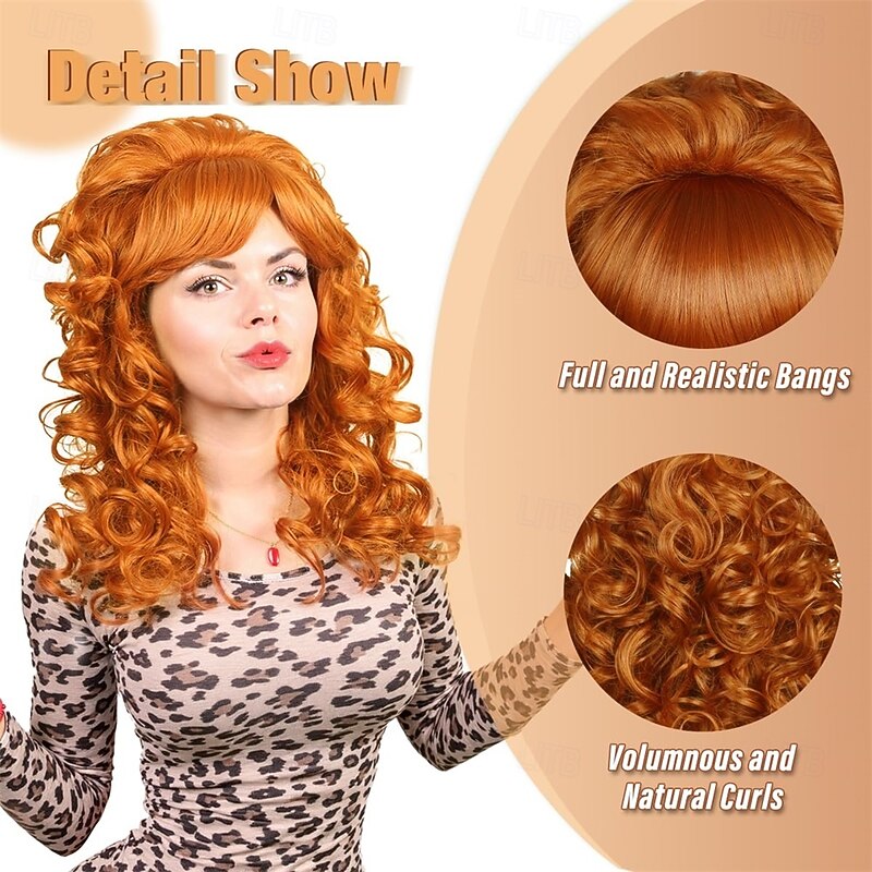 80s Long Curly Vintage Cosplay Wig with Bang for Women 60 70s Queen Costume for Halloween Party4