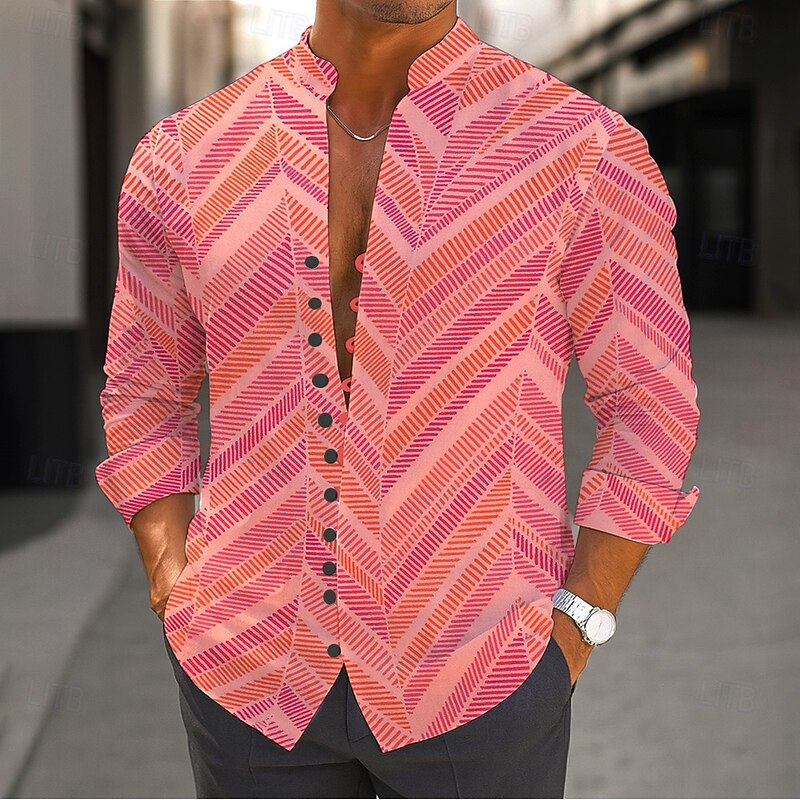 Men's Gradient Chevron Shirt Stand Collar Shirt Long Sleeve Casual Vacation Daily Wear Going out Spring Fall Mandarin Collar Band Collar Button-Down Linen Like Shirt Pink Green Khaki3