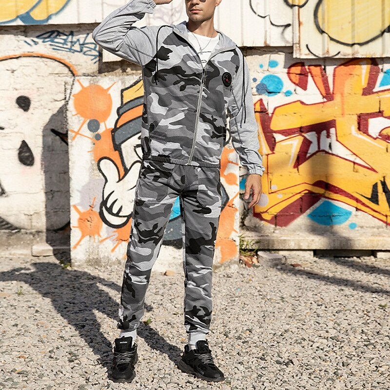 Men's Hoodie Tracksuit Full Zip Hoodie Sweatsuit Army Green Khaki Gray Hooded Camo / Camouflage 2 Piece Sports & Outdoor Daily Holiday Polyester Streetwear Basic Casual Spring Fall Clothing Apparel2