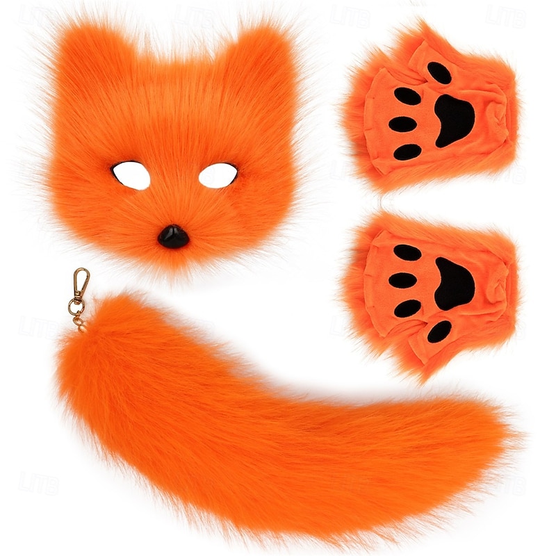 Furry Fox Mask Set with Gloves and Tail – Handmade Cosplay Accessories, Animal Mask, Tail, and Gloves for Halloween, Party, and Role Play4
