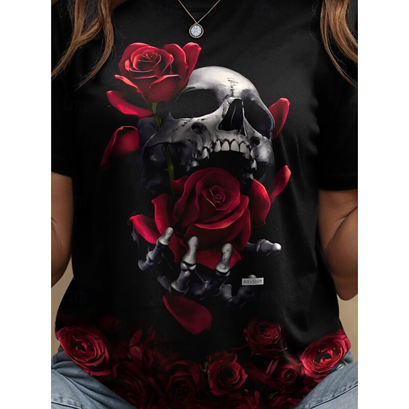 Halloween Women's T Shirt Skulls Floral Graphic Vintage Stylish Classic Short Sleeve Crew Neck Round Neck Regular Tops Daily Weekend Print Black and White Black Yellow Red Blue Summer Fall3