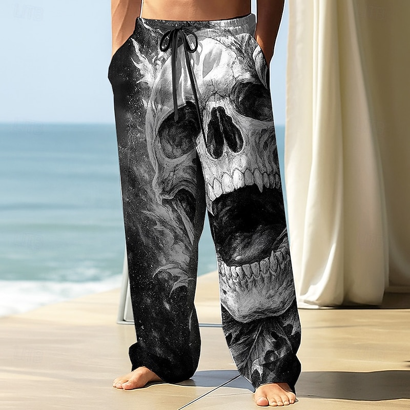 Men's Trousers Baggy Pants Casual Pants Elastic Drawstring Waist Linen-Like Pants with Pockets Skull Flame Halloween Costumes Full Length Outdoor Holiday Dark Punk Gothic Style Black / Red Black+Grey2