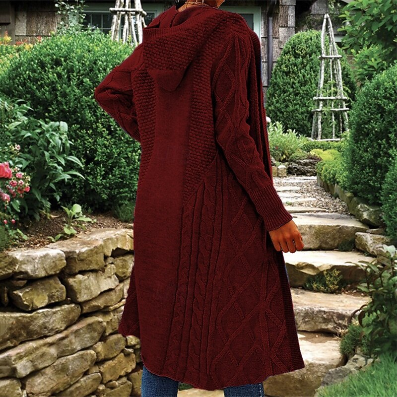 Women's Sweater Cardigan Fashion Streetwear Daily Solid Color Ribbed Hooded Knitted Long Sleeve Long Tops Knit Holiday Going out Weekend Black Wine Fall Winter3