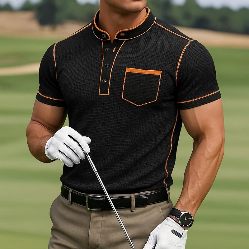 Men's Waffle Polo Shirts Sports Polo Shirts Casual Sports Mandarin Collar Henley Short Sleeve Fashion Comfortable Solid Color Plain Color Block Buttons Summer All Seasons Black Navy Blue Brown Army