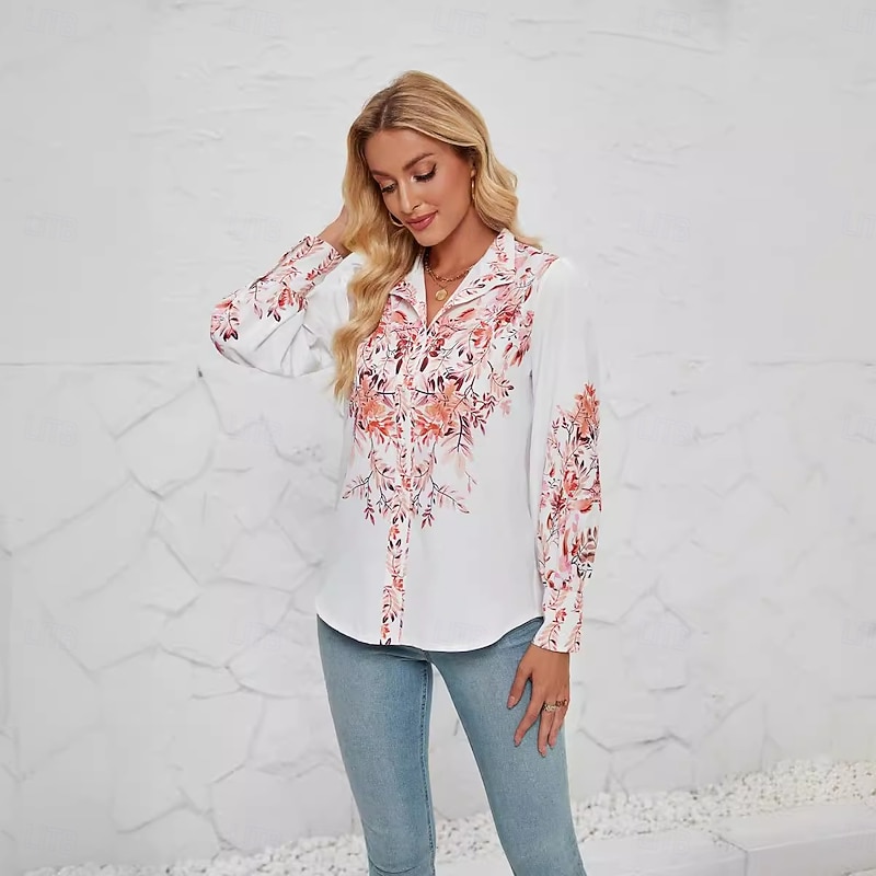 Women's Shirt Button Down Blouse Floral Graphic Elegant Vintage Tropical Long Sleeve Shirt Button Down Blouse Collar Regular Tops Work Daily Holiday Print Red leaves2