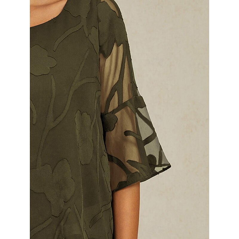 Women's Lace Shirt Blouse Dressy Tops Chiffon Tops Solid Color Floral Flower Elegant Stylish 3/4 Length Sleeve Bell Sleeve Boat Neck Regular Tops Wedding Guest Work Daily Asymmetric Hem Olive Summer2