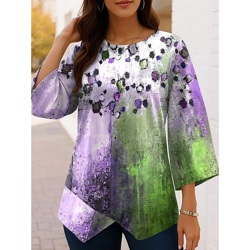 Women's Blouse Ombre Graphic Abstract Vintage Tropical Stylish 3/4 Length Sleeve Crew Neck Regular Tops Daily Print Blue Purple Green Spring Fall2
