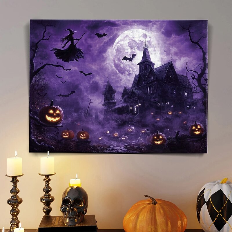 Halloween Purple Sky Haunted Scene LED Canvas Wall Art - Battery Operated Lighted Wall Decor for 2025 Halloween home decoration light livingroom and bedroom2