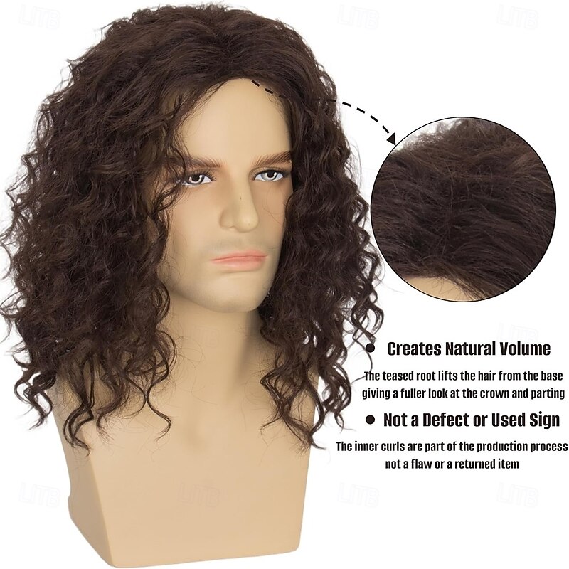 Mens Brown Curly Wig for Costume Party Middle Part Retro 80s Brown Cosplay Wigs for Adults4