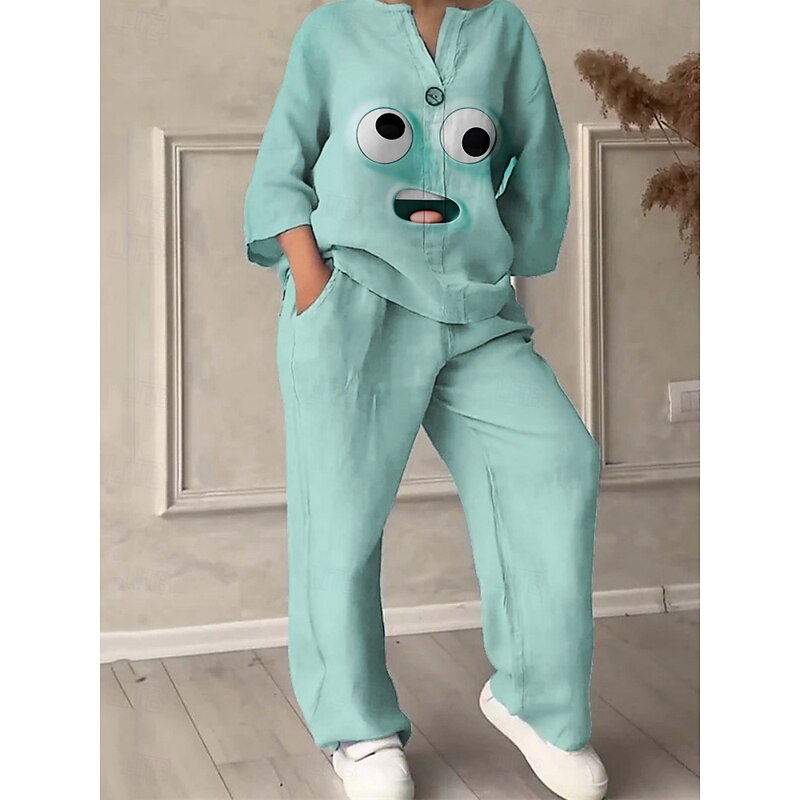 Women's Cartoon Funny Smile Face Pants Sets Long Sleeve V Neck 3D Print Print Vacation Daily Holiday Yellow Red Blue Summer Regular Fit4