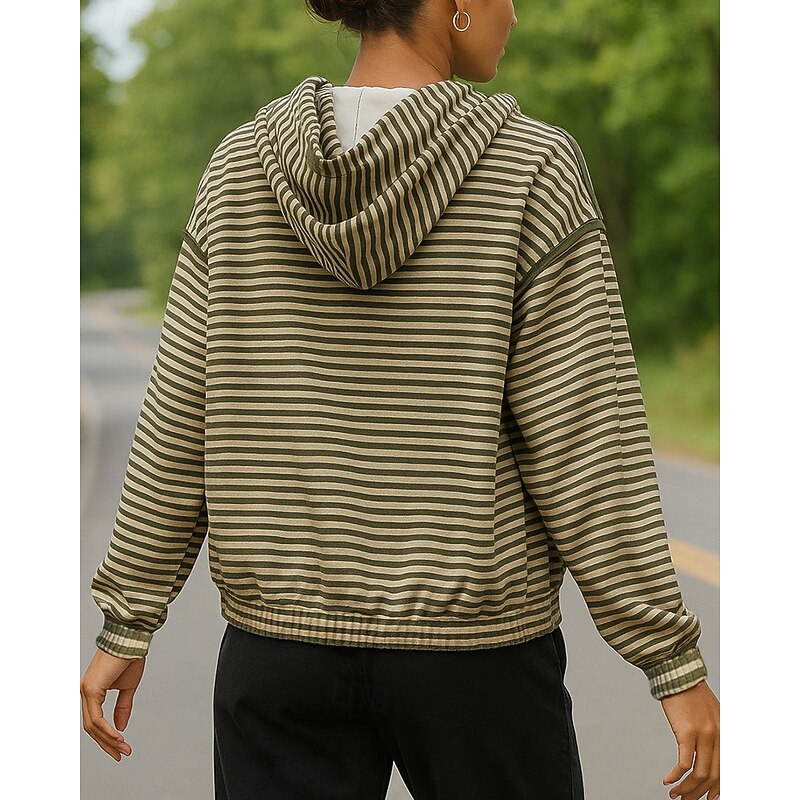 Women's Hoodie Casual Jackets Drawstring Pocket Long Sleeve Top Athleisure Fall Striped Sun Protection Windproof Outdoor Running Sportswear Activewear Green2