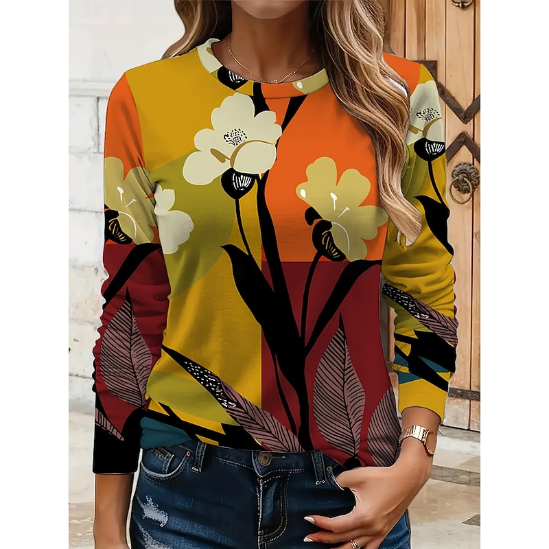 Women's T shirt Crew Neck Long Sleeve Tunic Floral Graphic Geometric Vintage Stylish Classic  Round Neck Regular Tops Daily Print Yellow Red Blue Purple Orange Fall