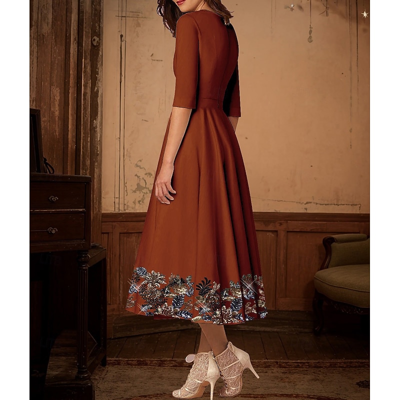 A-Line Floral Beaded Lace Cocktail Dresses Elegant Dress Formal Wedding Tea Length Midi Length Half Sleeve Plunge Neck Satin with Embroidery3