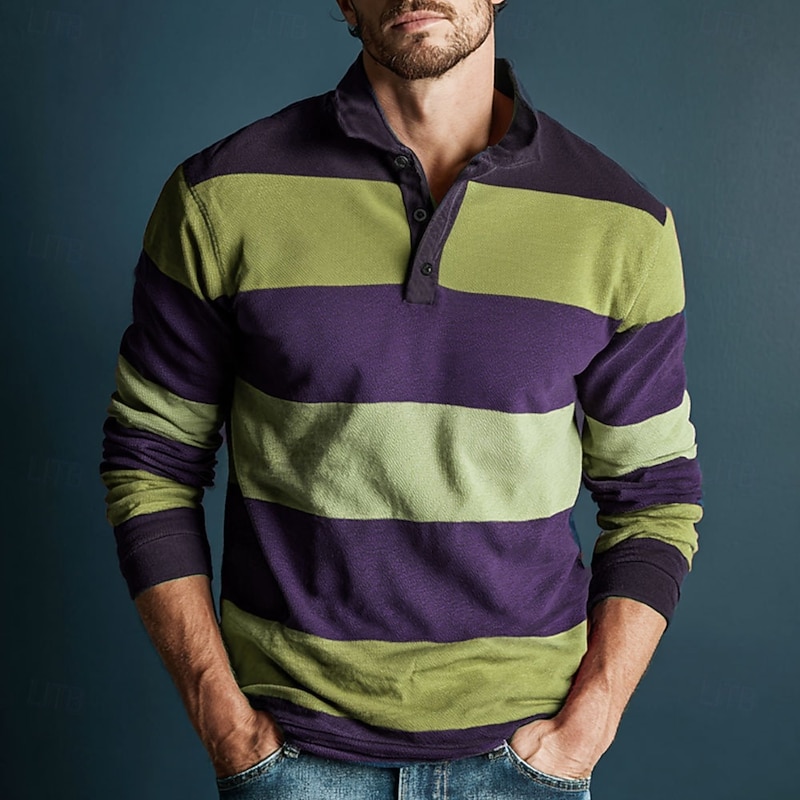 Men's Horizontal Stripes Rugby Polo Long Sleeve Polo Shirts Collared Shirts Sportswear Casual School Outdoor Athleisure 3D Print Spring Fall Winter Maroon Blue Brown4