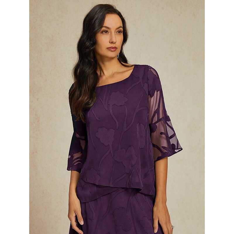 Women's Lace Shirt Blouse Dressy Tops Chiffon Tops Solid Color Floral Flower Elegant Stylish 3/4 Length Sleeve Bell Sleeve Boat Neck Regular Tops Wedding Guest Work Daily Asymmetric Hem Eggplant