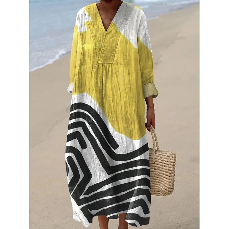Women's Midi Dress V Neck Long Sleeve Kaftan Lightweight Loose Fit A Line Dress Casual Boho Going out Graphic Geometric Stripe Long Sleeve V Neck Black Yellow Pink Red Fall3