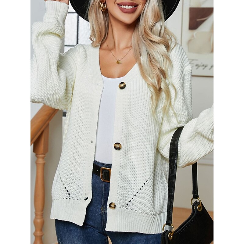 Women's Cardigan Casual Solid Color Chunky V Neck Knitted Long Sleeve Regular Tops Knit Daily Holiday Going out Beige Fall Winter3