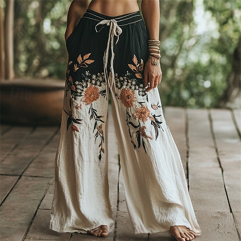 Women's Wide Leg Pants Trousers Palazzo Pants Fashion Boho Full Length High Waist Flower Elastic Waist Drawstring Print Breathability Comfortable Street Daily Wear Going out Black Spring Fall Regular - Main Image