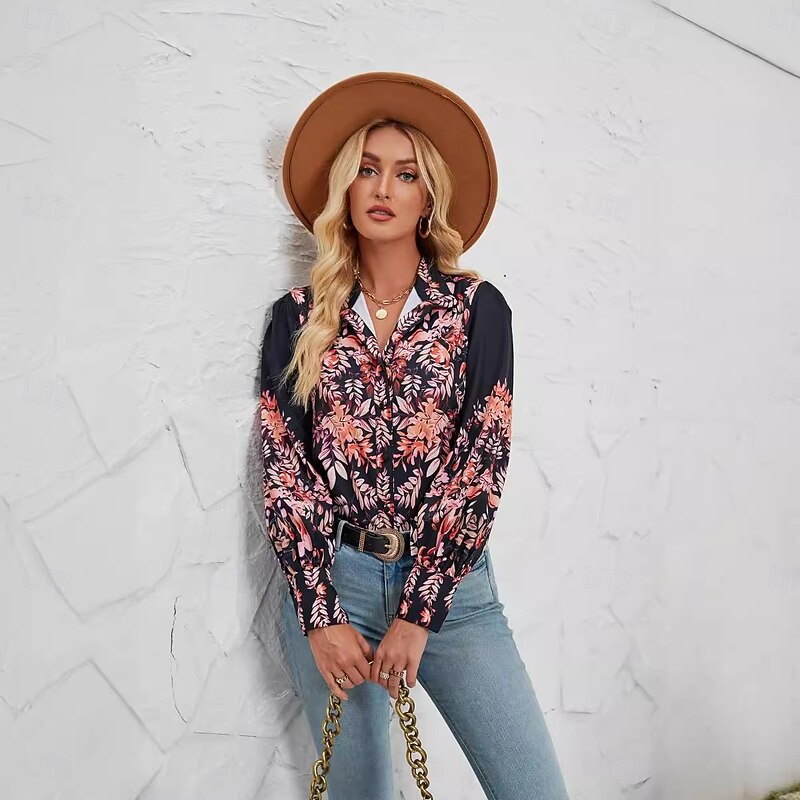 Women's Shirt Button Down Blouse Floral Graphic Elegant Vintage Tropical Long Sleeve Shirt Button Down Blouse Collar Regular Tops Work Daily Holiday Print Red leaves3
