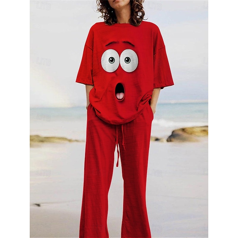 Women's Cartoon Funny Smile Face Pants Sets 3/4 Length Sleeve Crew Neck 3D Print Print Vacation Daily Holiday Yellow Pink Red Summer Regular Fit