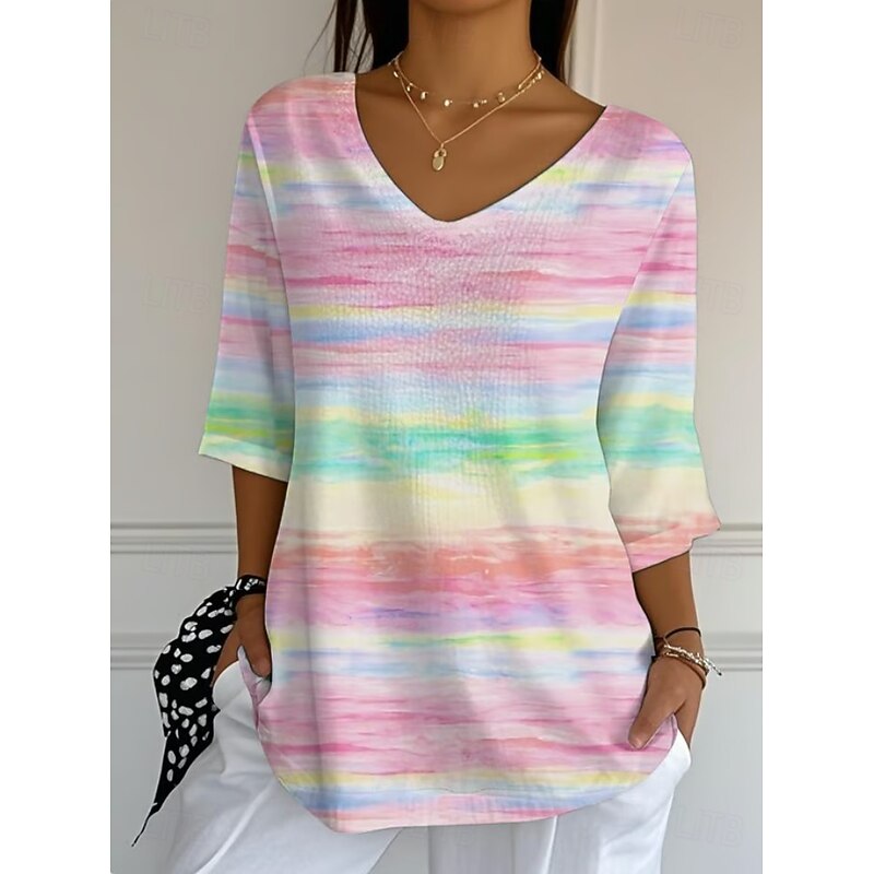 Women's Blouse Graphic Abstract Vintage Stylish Classic 3/4 Length Sleeve V Neck Regular Tops Daily White and Pink Pink Light Purple Summer Spring Fall3