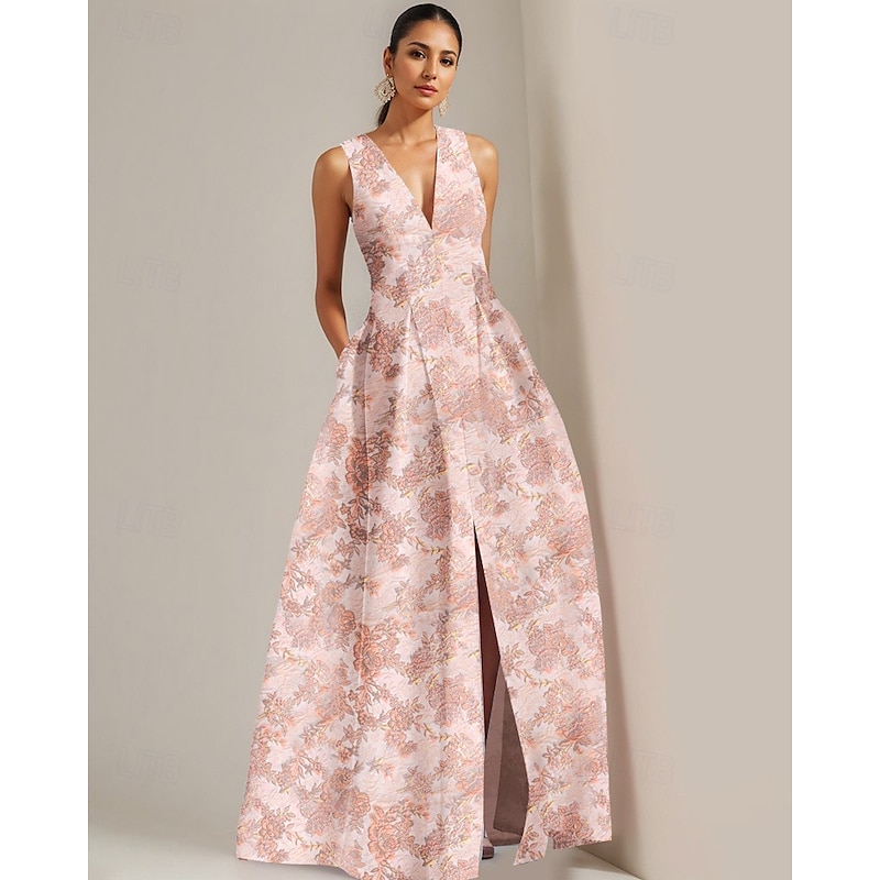 A-Line Evening Gown Brocade Jacquard Elegant Dress Formal Wedding Floor Length Sleeveless V Neck with Slit Wedding Guest Dress