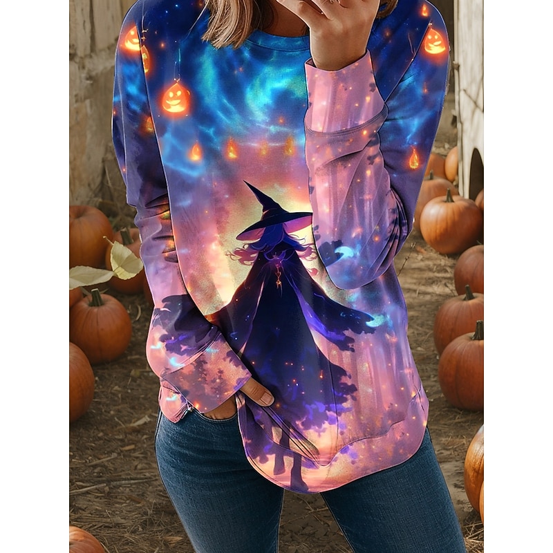 Halloween Women's Sweatshirts Graphic Casual Long Sleeve Crew Neck Regular Tops Street Casual Holiday Print Pink Blue Purple Green Spring Fall Winter