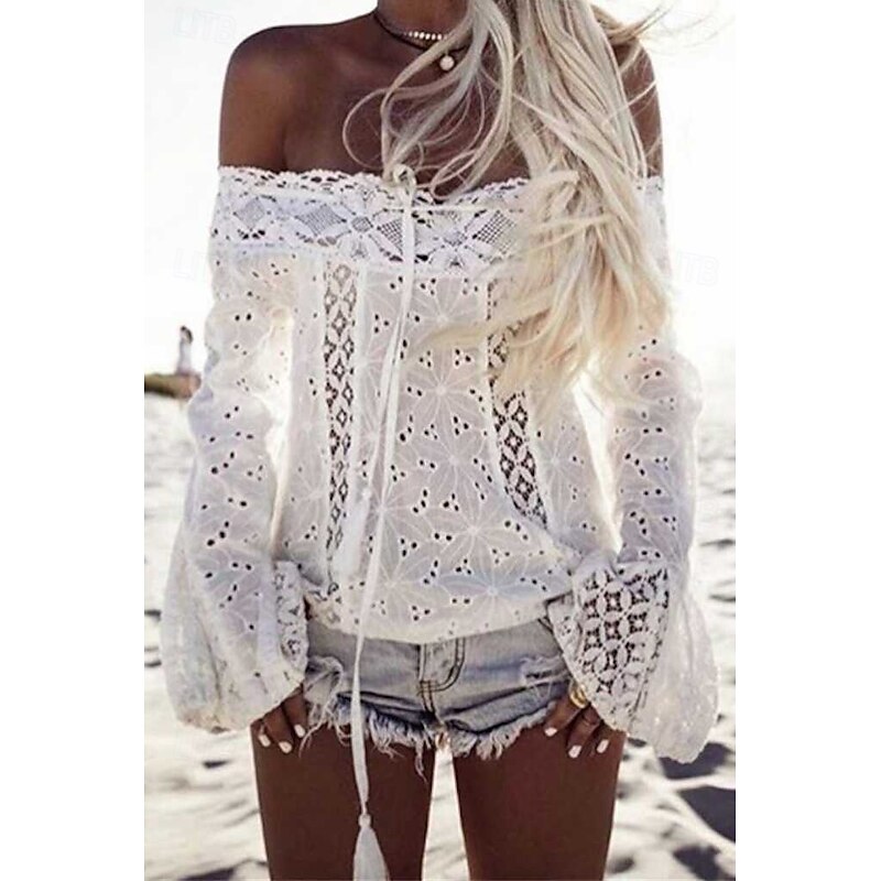 Women's Blouse Lace Tops Plain Modern Casual Long Sleeve Off Shoulder Regular Tops Daily Going out Lace Fringe White Summer