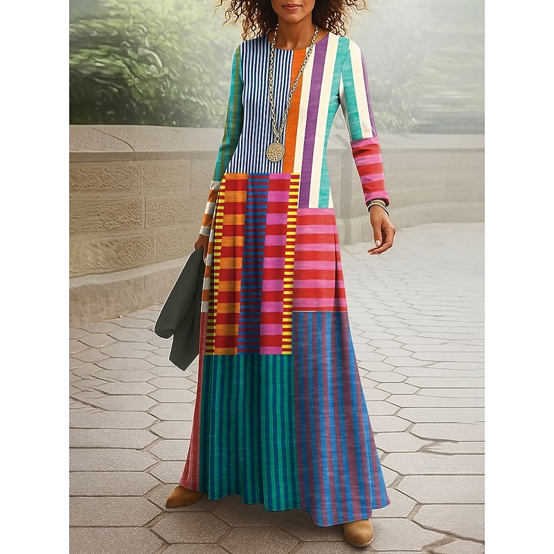 Women's Maxi Dress Vintage Bohemian A Line Dress Crew Neck Long Sleeve Casual Daily Regular Fit Graphic Geometric Red Blue Orange Spring Fall Winter