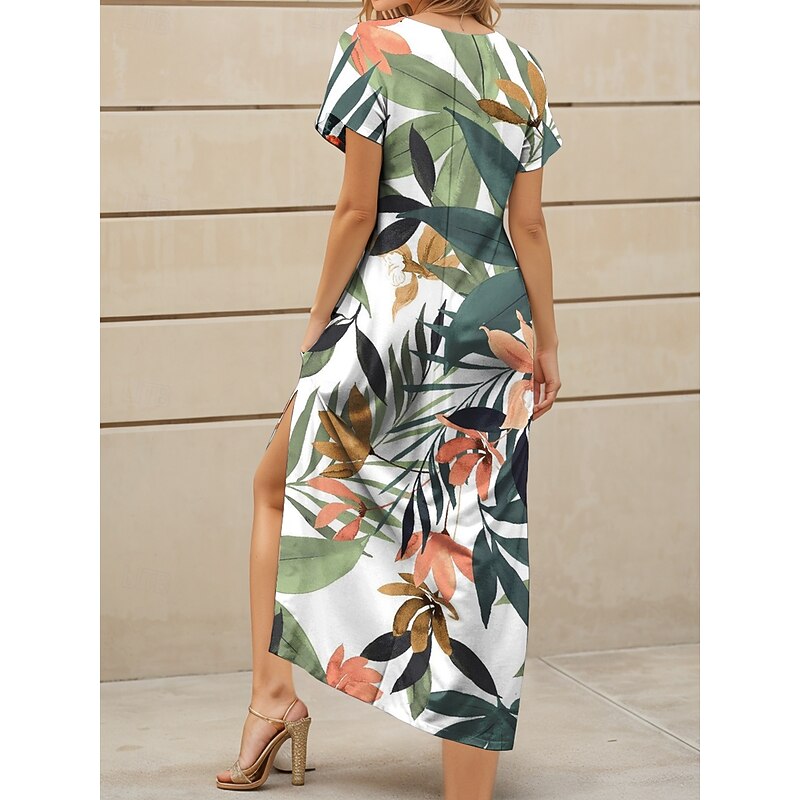 Women's Midi Dress Knit Dress Casual Dress Sundress A Line Dress Elegant Vacation Casual Beach Regular Fit Floral Graphic Leaf Short Sleeve V Neck Yellow Pink Blue Purple Summer Spring2