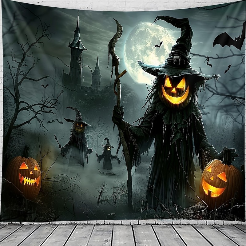 Halloween Scarecrow Wall Tapestry Backdrop – Pumpkin Head Witch with Lantern, Haunted Castle, Full Moon and Bats, Spooky Wall Hanging for  2025 Halloween Home decoration, Party, Photography2