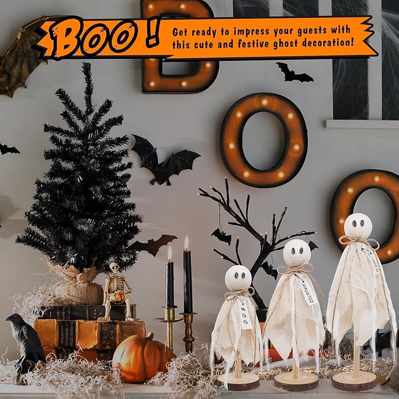 3pcs Halloween Wooden Ghost Decorations Indoor Rustic Shelf Sitters with Fabric Ghost Figures Halloween Table Decor for Tiered Tray, Mantel, Halloween Party Supplies2