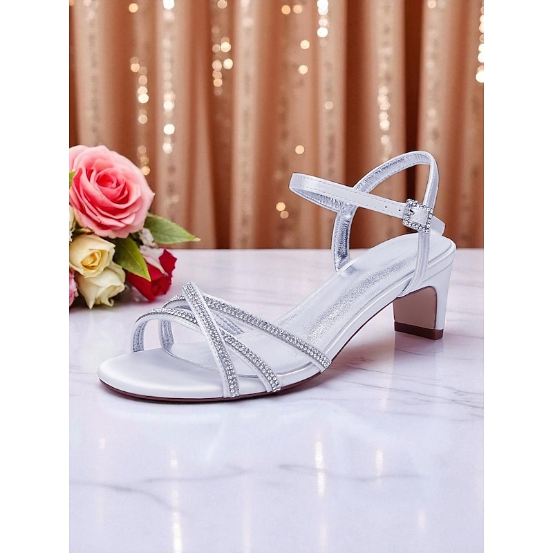 Women's Satin Party Sandals - Elegant Navy Blue Open Toe Block Heel Shoes with Rhinestone Straps and Adjustable Buckle, Perfect for Formal Events and Cocktail Parties3