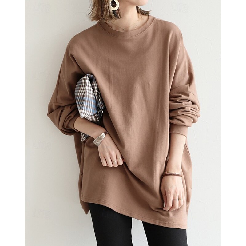 Women's Pullover Sweatshirt Sweatshirts Plain Basic Casual Long Sleeve Crew Neck Regular Tops Street Going out Black Brown Beige Gray Fall2