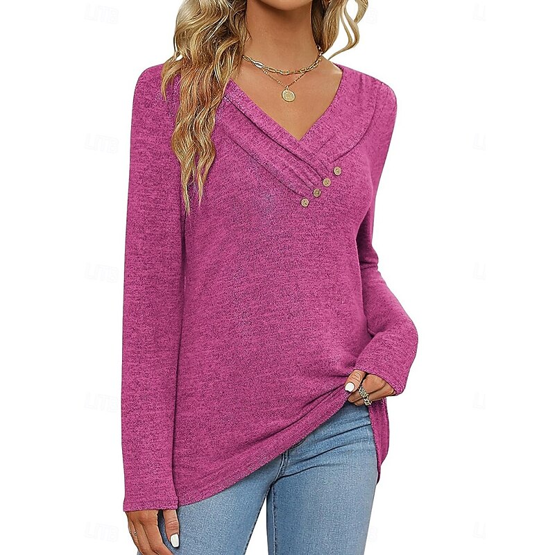 Women's Blouse Solid Color Stylish Casual Long Sleeve V Neck Regular Tops Daily Buttons Black Pink Wine Purple Summer Spring3