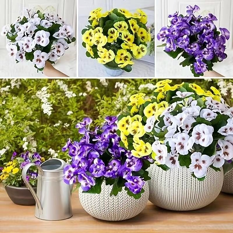 6 Bundles Artificial Pansy Flowers for Outdoor Indoor Use, Weather Resistant Fake Plastic Plants for Garden, Home Decor, White Purple Yellow4