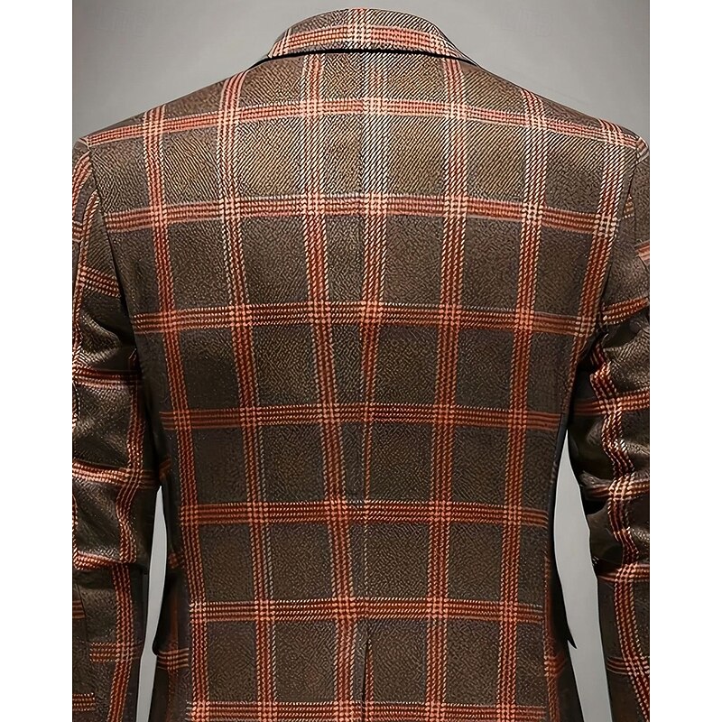 Men's Blazer Business Cocktail Party Wedding Party Fashion Casual Spring Fall Polyester Plaid Pocket Buttons Comfortable Single Breasted Blazer Black Blue Brown2