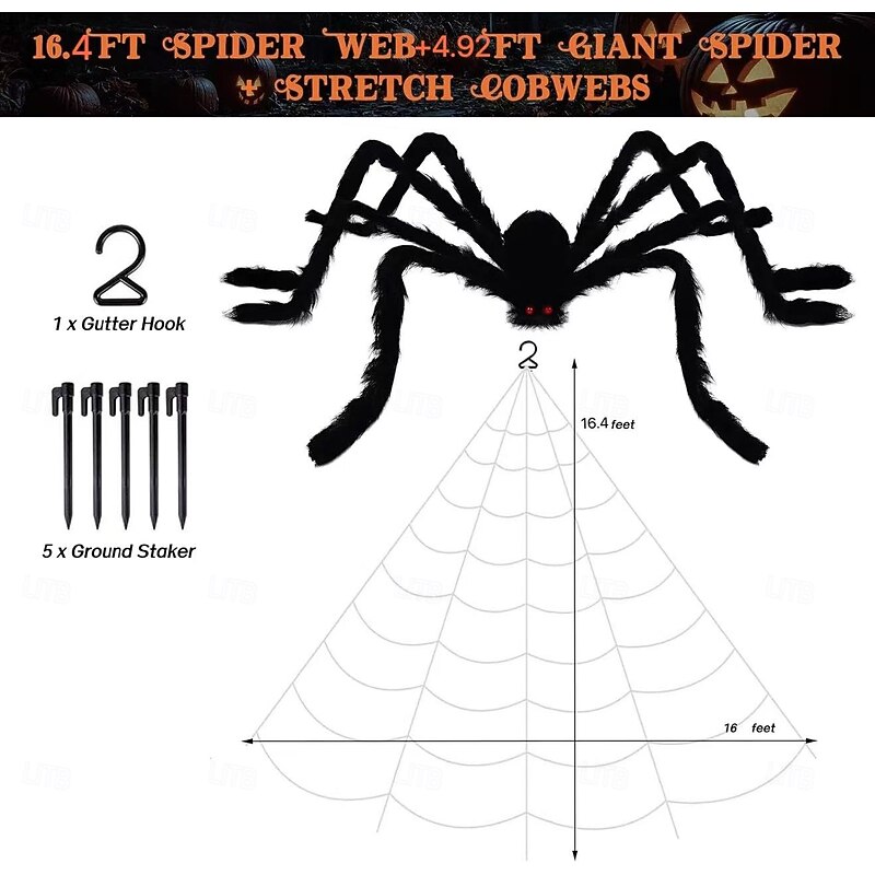 16.5Ft Large Spider Web + 5Ft Hairy Spider & Stretch Cobwebs Halloween Decorations Scary Fake Spider with Triangular Huge Spider Web Large Props for Outdoor Indoor Haunted House Porch Yard2