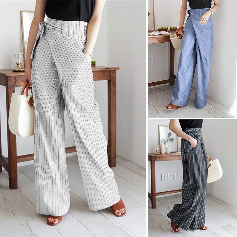 Women's Dress Pants Wide Leg Pants Trousers Fashion Streetwear Full Length High Waist Stripe Drawstring Breathability Comfortable Street Daily Wear Going out White Blue Dark Gray Spring Fall Regular