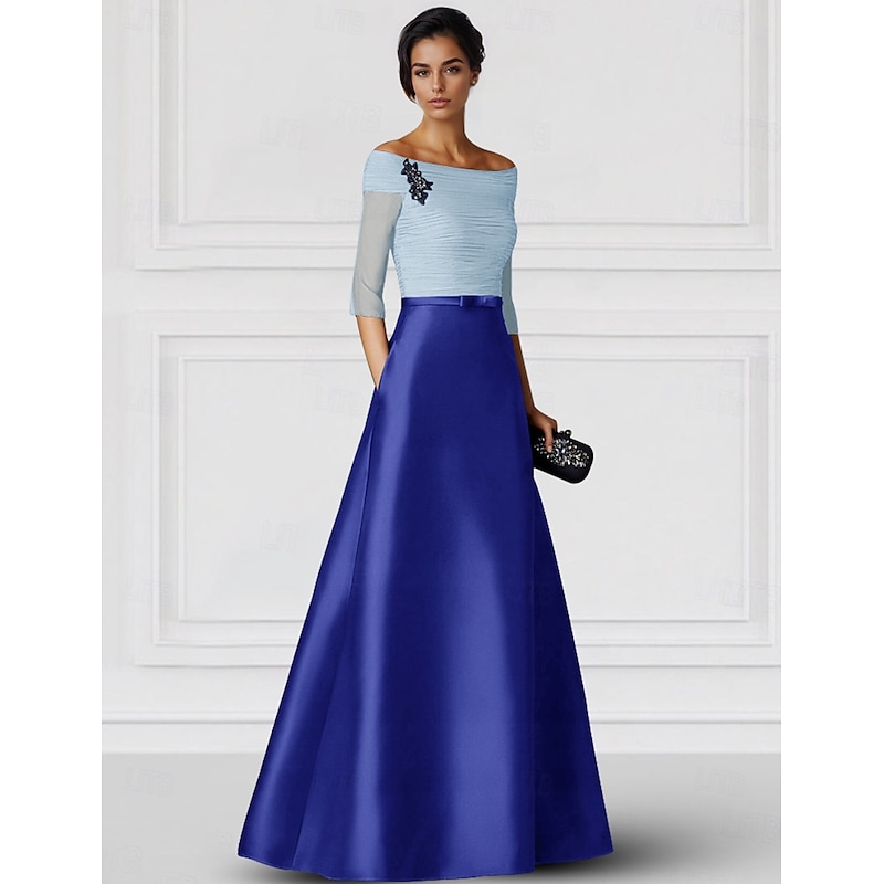 Black Gold White Mother of the Bride A-Line Evening Gown Elegant Dress Formal Wedding Floor Length Half Sleeve Off Shoulder Pocket Satin with Ruched4