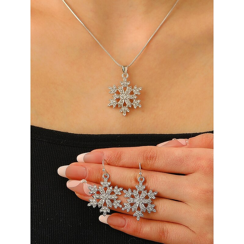 Women's Snowflake Jewelry Set with Sparkling Crystal Pendant Necklace and Drop Earrings - Elegant Winter Style for Christmas Parties and Holiday Gifts2