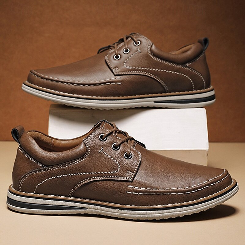 Men's Brown Faux Leather Casual Derby Shoes – Contrast Stitching Lace-up Design for Daily Commutes, Weekend Outings and Business Casual Style2