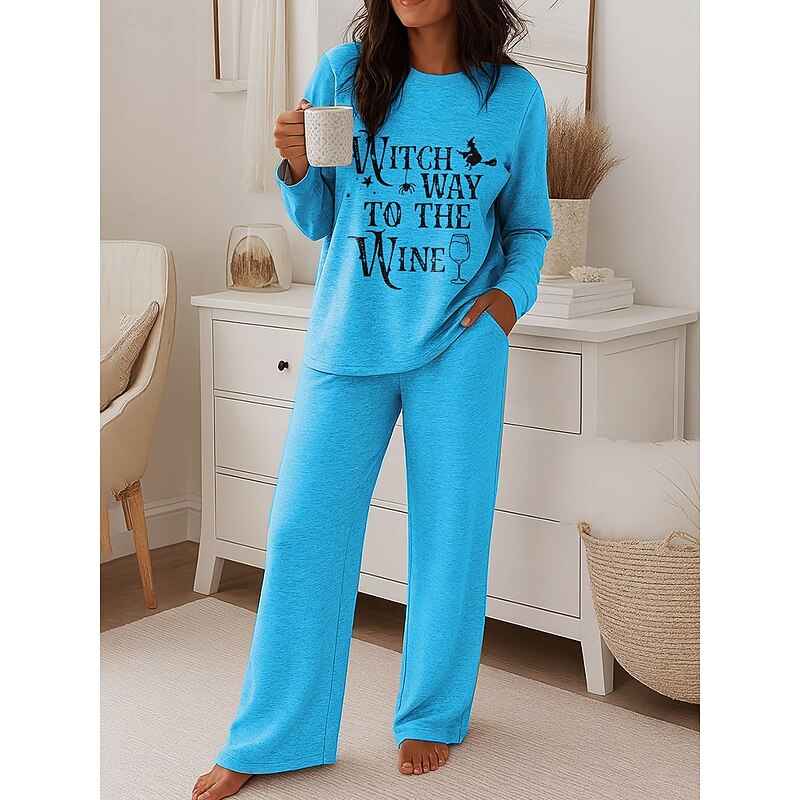 Halloween Women's Witch Fashion T Shirt Pants Sets Long Sleeve Round Neck Graphic Letter Print Casual Daily Blue Purple Orange Spring Regular Fit4