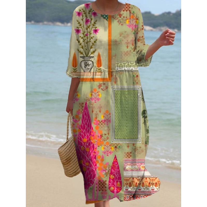 Women's Midi Dress Casual Dress Print Dress Fashion Modern Daily Beach Weekend Regular Fit Floral 3/4 Length Sleeve Crew Neck Light Green Blue Purple Green Spring Fall Autumn3