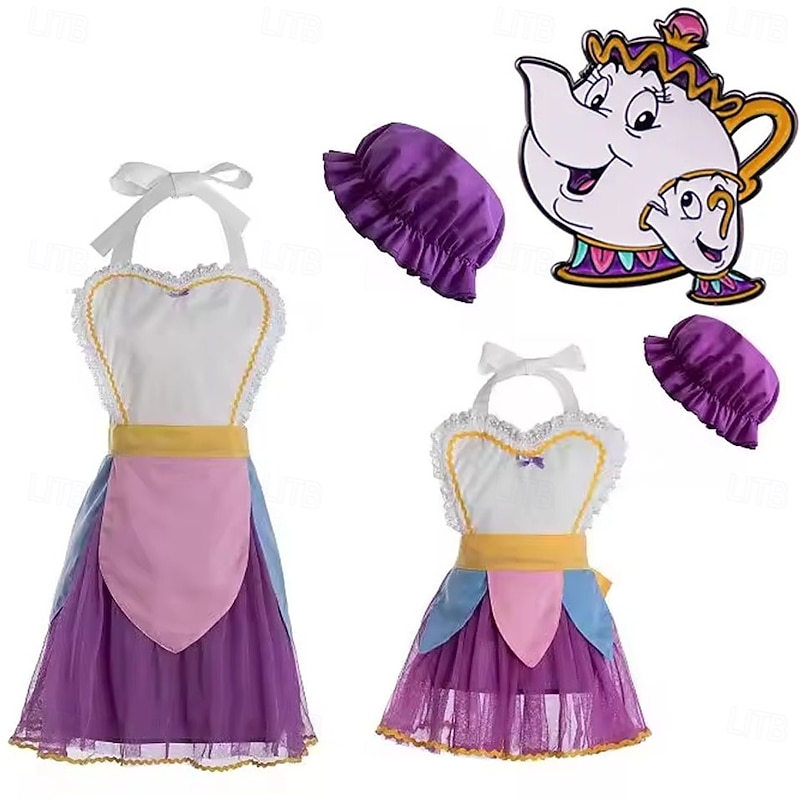 Beauty and the Beast Fairy Tale Mrs. Potts Chip Apron Dress Costume Movie Cosplay for Kids Adults Halloween Carnival World Book Day Performance Educational Dress Up School Event Dress Up