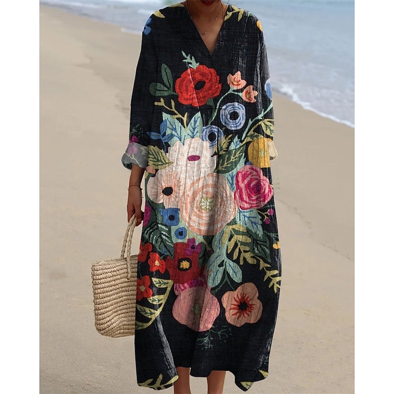 Women's Midi Dress Casual Dress Print Dress Fashion Modern Daily Beach Weekend Regular Fit Floral Long Sleeve V Neck Black Yellow Green Spring Fall