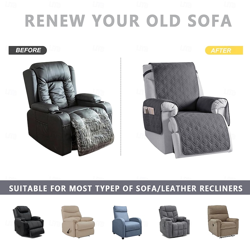 Non-Slip Quilted Recliner Cover, 100% Waterproof Recliner Chair Slipcover Furniture Protector with Pockets, Washable Couch Cover with Elastic Straps for Kids and Pets2