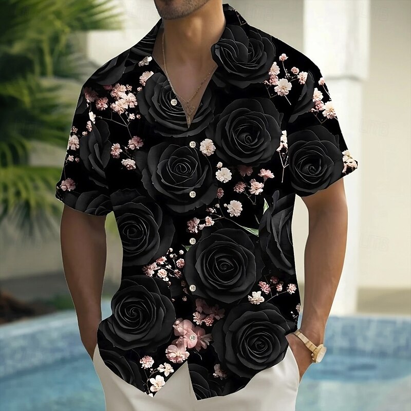 Men's Floral Print Dark Halloween Costumes Shirt Summer Shirt Button Up Shirt Short Sleeve Fashion Casual Outdoor Vacation Dailywear Summer Spring Turndown 3D Print Collared Shirts Front One Pocket